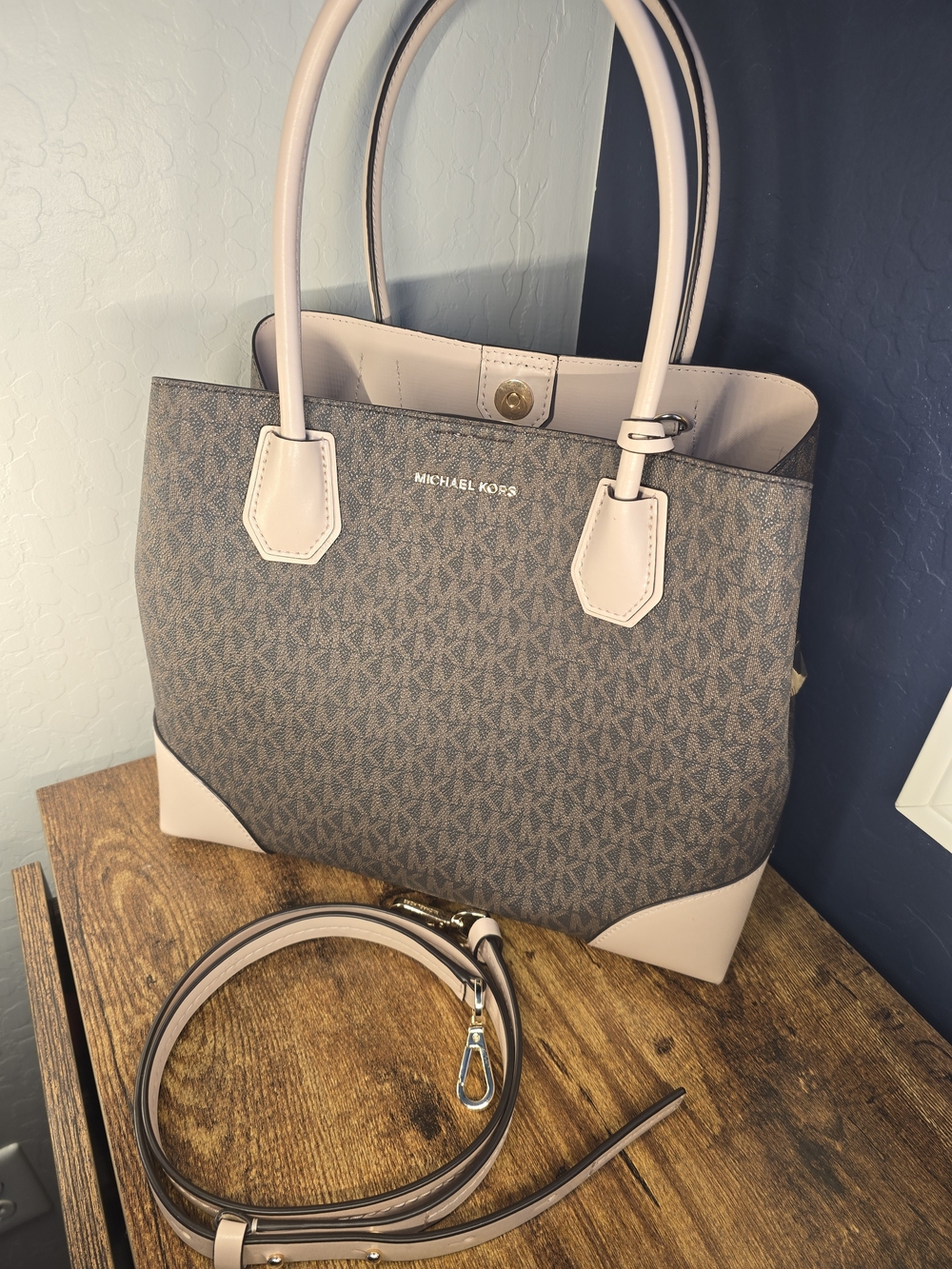 Michael Kors Brown Signature Tote with Pale Pink Trim